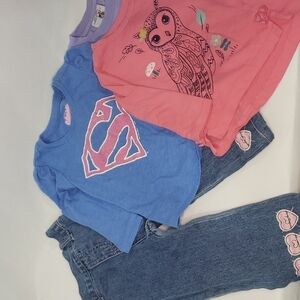 5/$30 BUNDLE of 3 T Shirts + Embroidered Jeans Elastic Supergirl Owl Long Sleeve